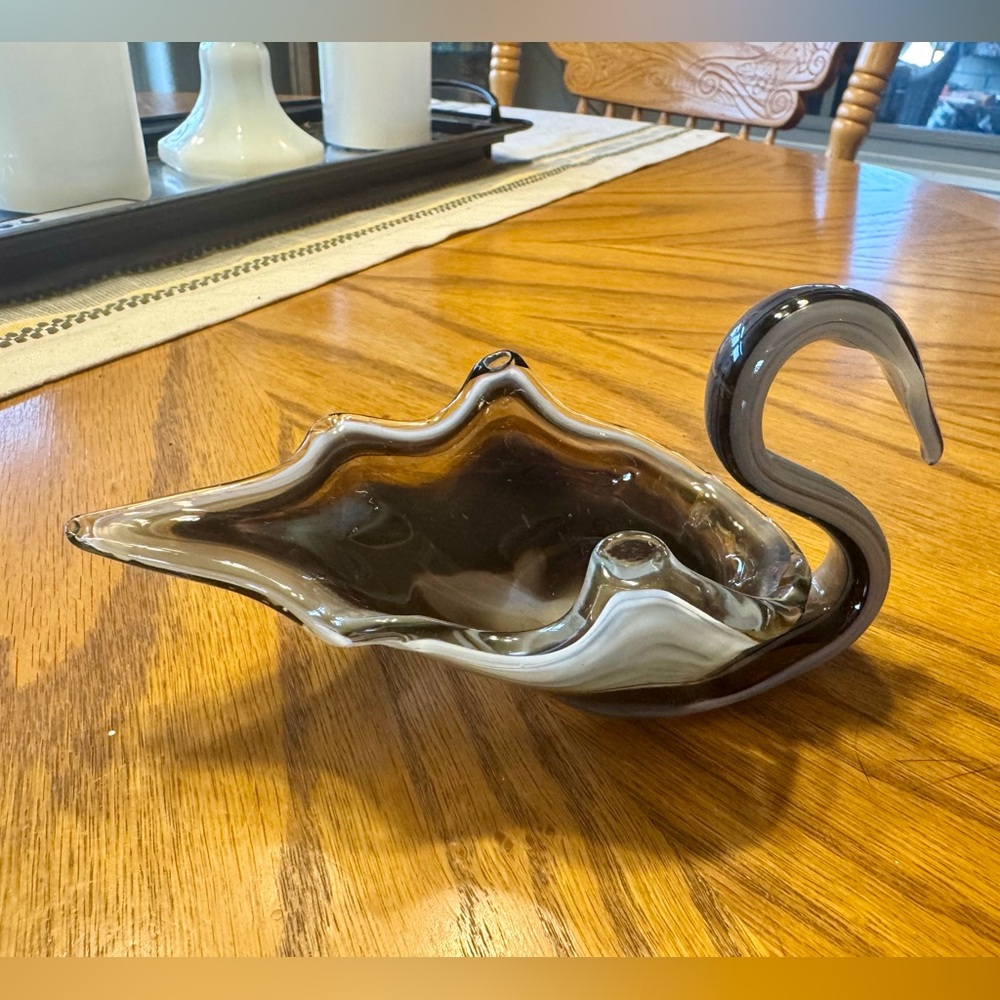 Vintage MCM Murano Glass Small Swan Blown Glass Bowl - Black/White